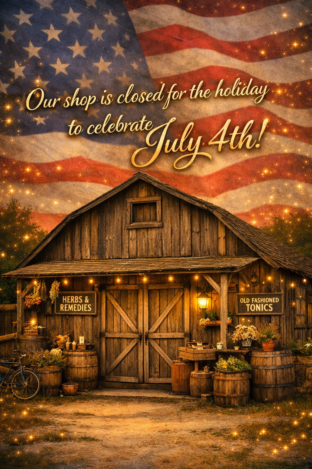 To celebrate July 4th, our warehouse barn is closed