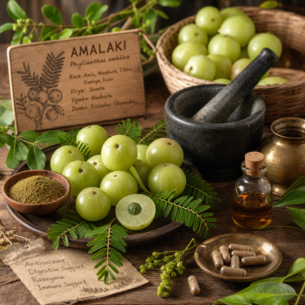 Amla (Amalaki) is a traditional Ayurvedic fruit valued for its antioxidant activity, digestive support, and nutrient density