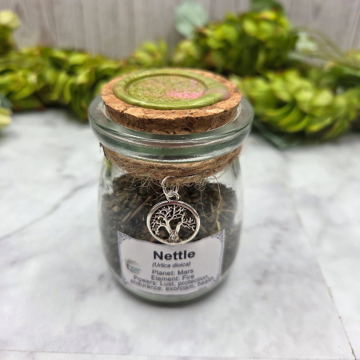 Dried Nettles in Apothecary Herb Jar w/Tree of Life Charm