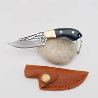 Stainless Steel Mini Knife with carved blade and leather cover - Wood & Brass Handle