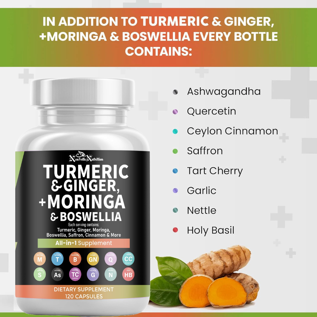 All-in-1 Anti-Inflammatory & Immune Support with Moringa, Turmeric, Boswellia, Ginger, Ashwagandha, Quercetin, Cinnamon, Tart Cherry, Garlic, Nettle, Holy Basil & Black Pepper – 120 Vegan Capsules
