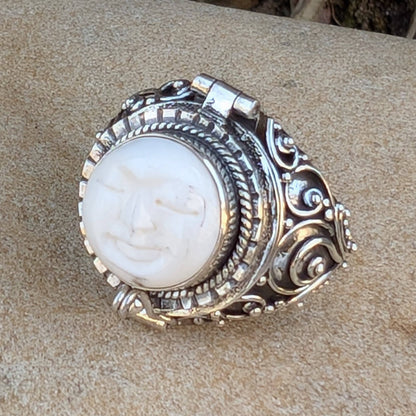Moon Goddess Ring - Hidden Chamber with Carved Bone (Size 6)