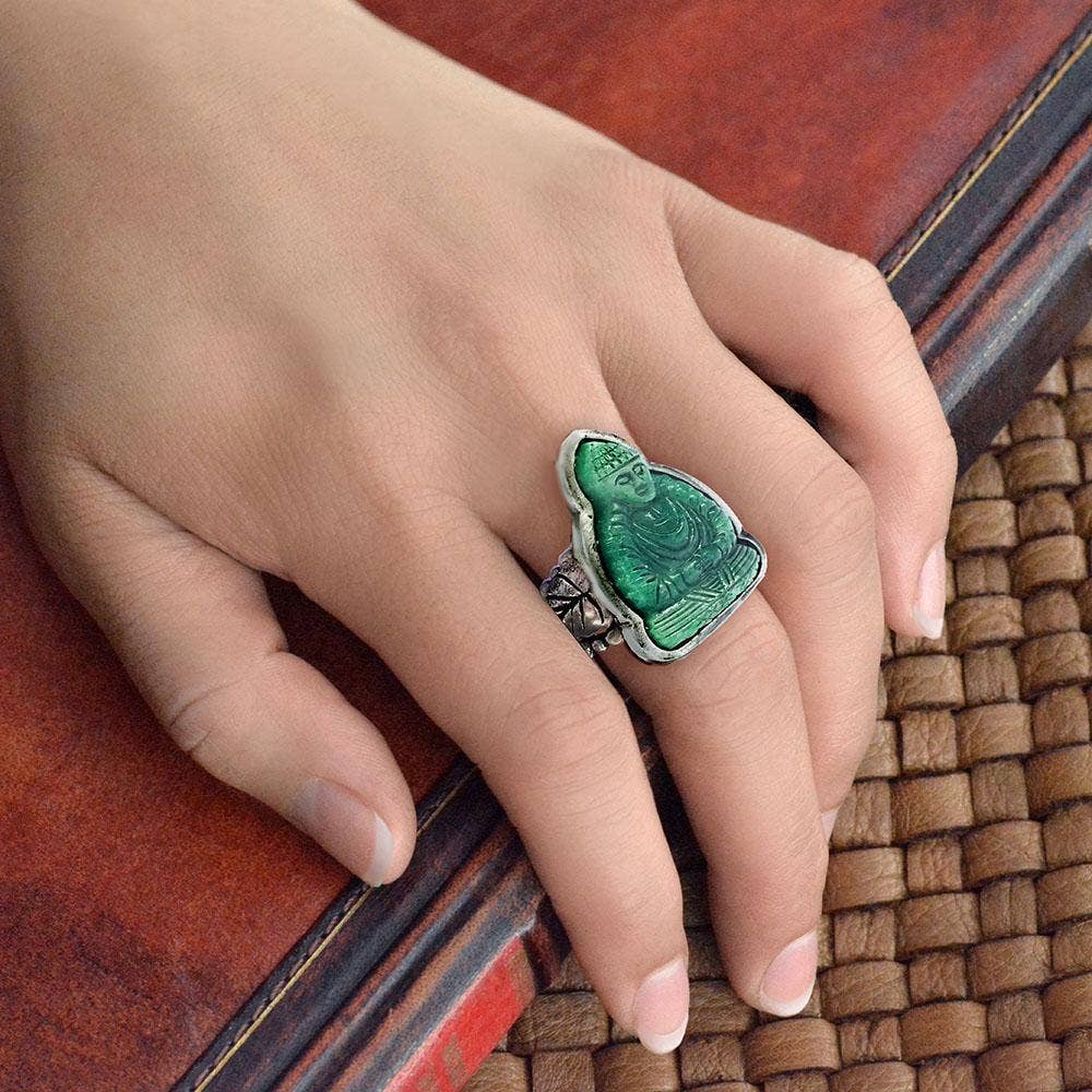 Jade Glass Buddha Ring with Bodhi Tree Leaves