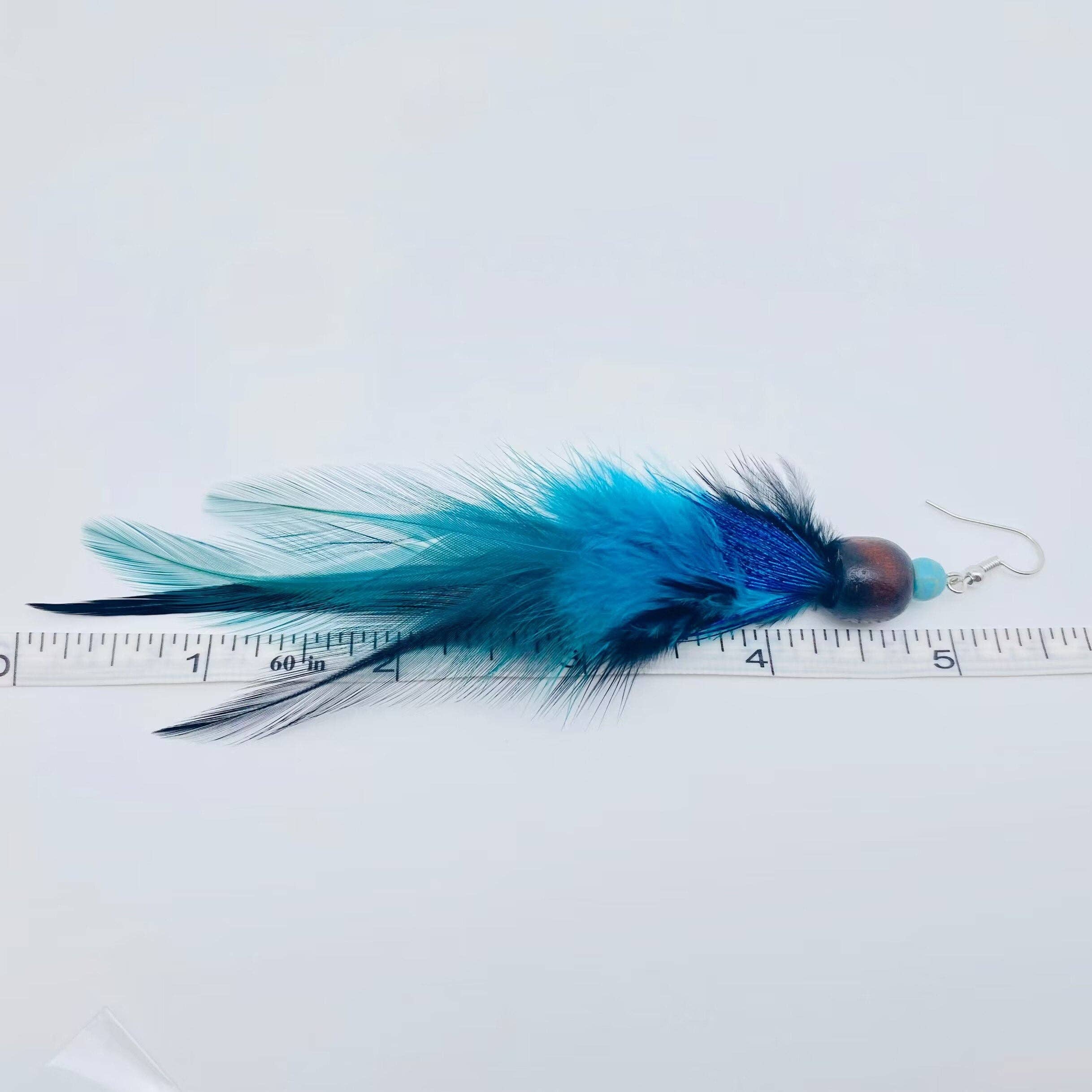 Blue Feather Earrings with a Wooden Bead