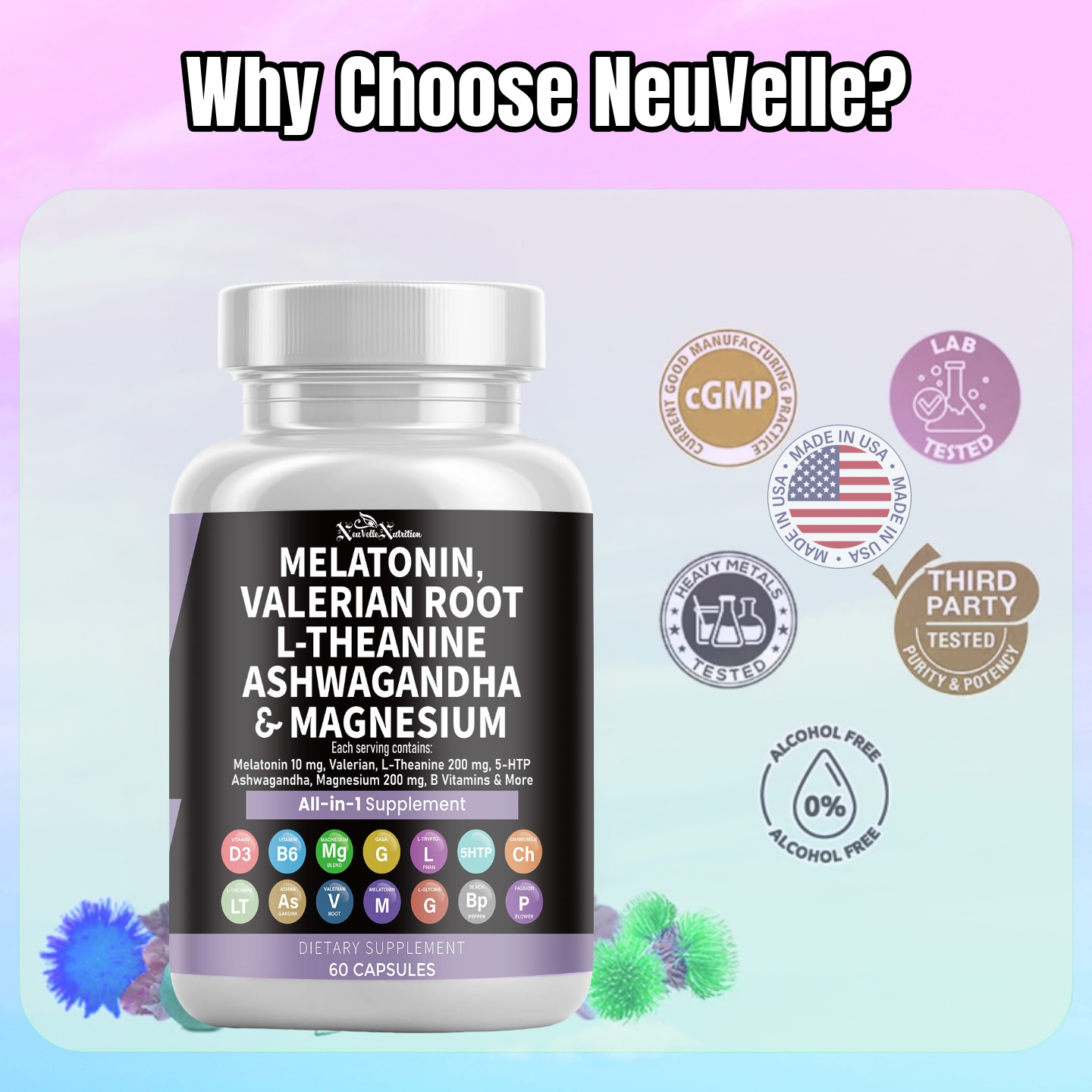 Melatonin, Valerian Root L-Theanine Ashwagandha Supplement