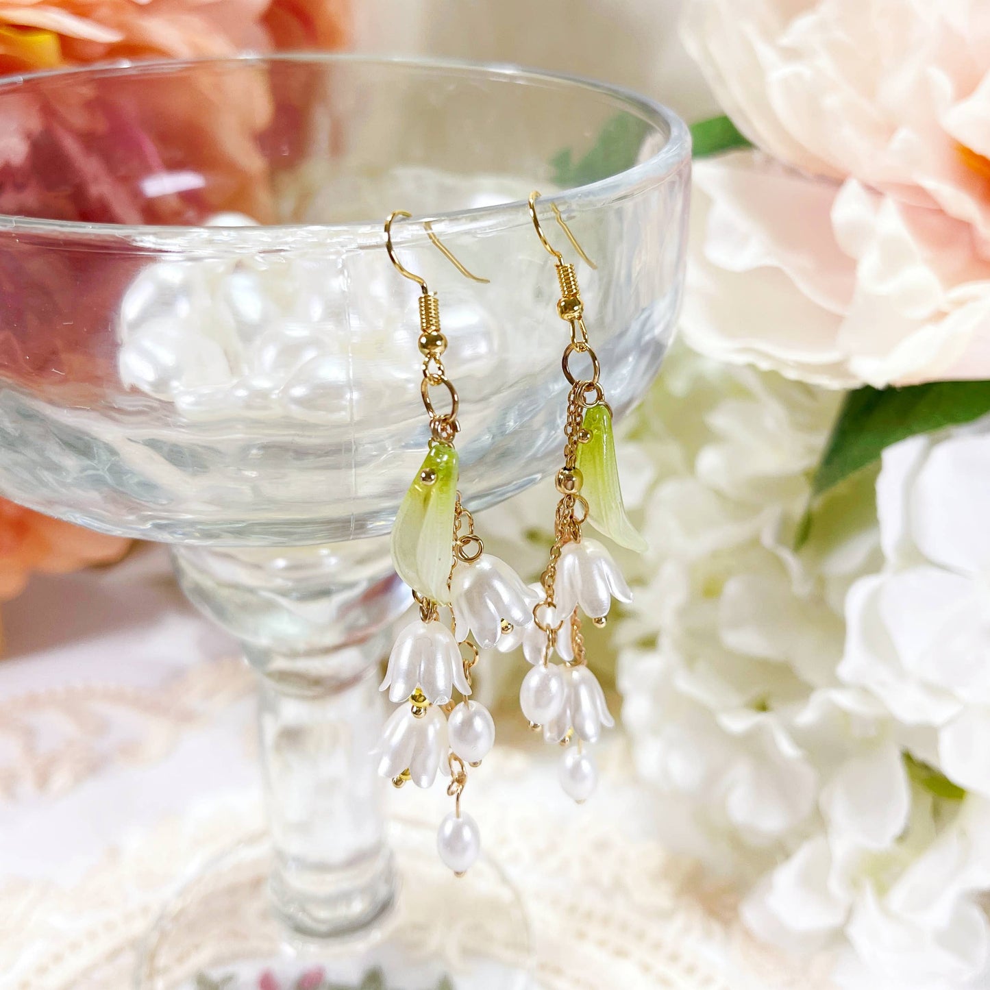 Lily Flower Dangle Earrings, 18K gold finish, S925 Silver Post (Handmade in NY)