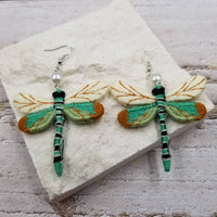 Green Dragonfly Earrings - Woven Cloth Design!