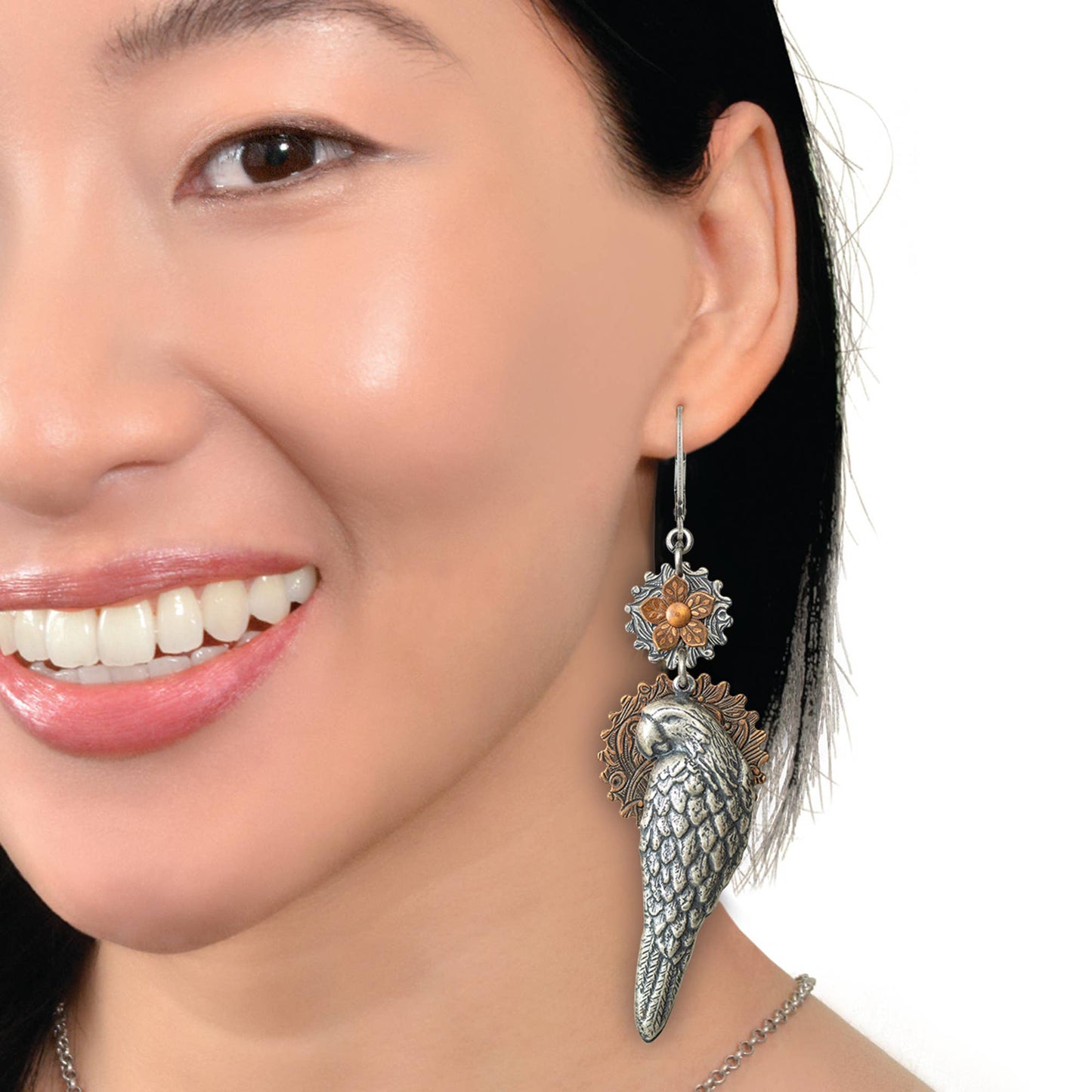 Parrot Earrings with Copper Flowers