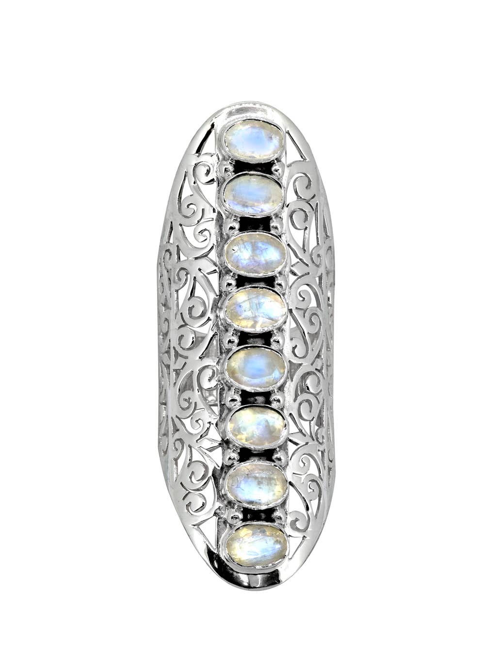 Extra Long Moonstone Ring Stacked in 8 Gemstones, set in Filigree Silver