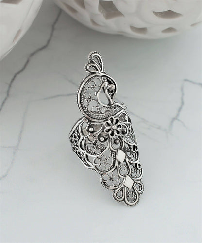 Peacock Filigree Sterling Silver Big Ring (Size 12)