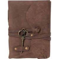 Raw Leather Journal with leather wrap, handmade paper and brass key closure
