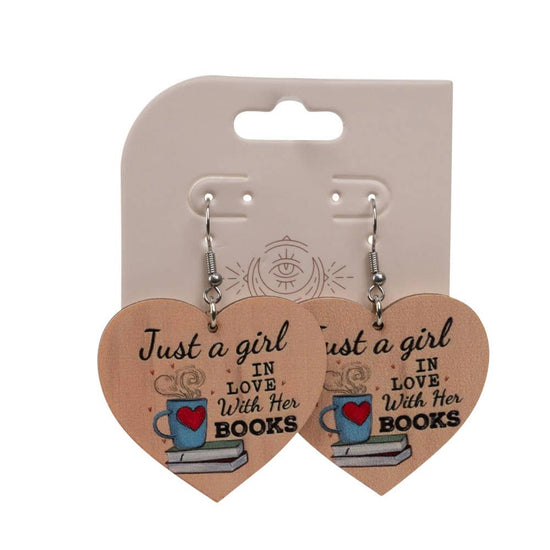 "Just a girl in love with her books" Wooden heart earrings