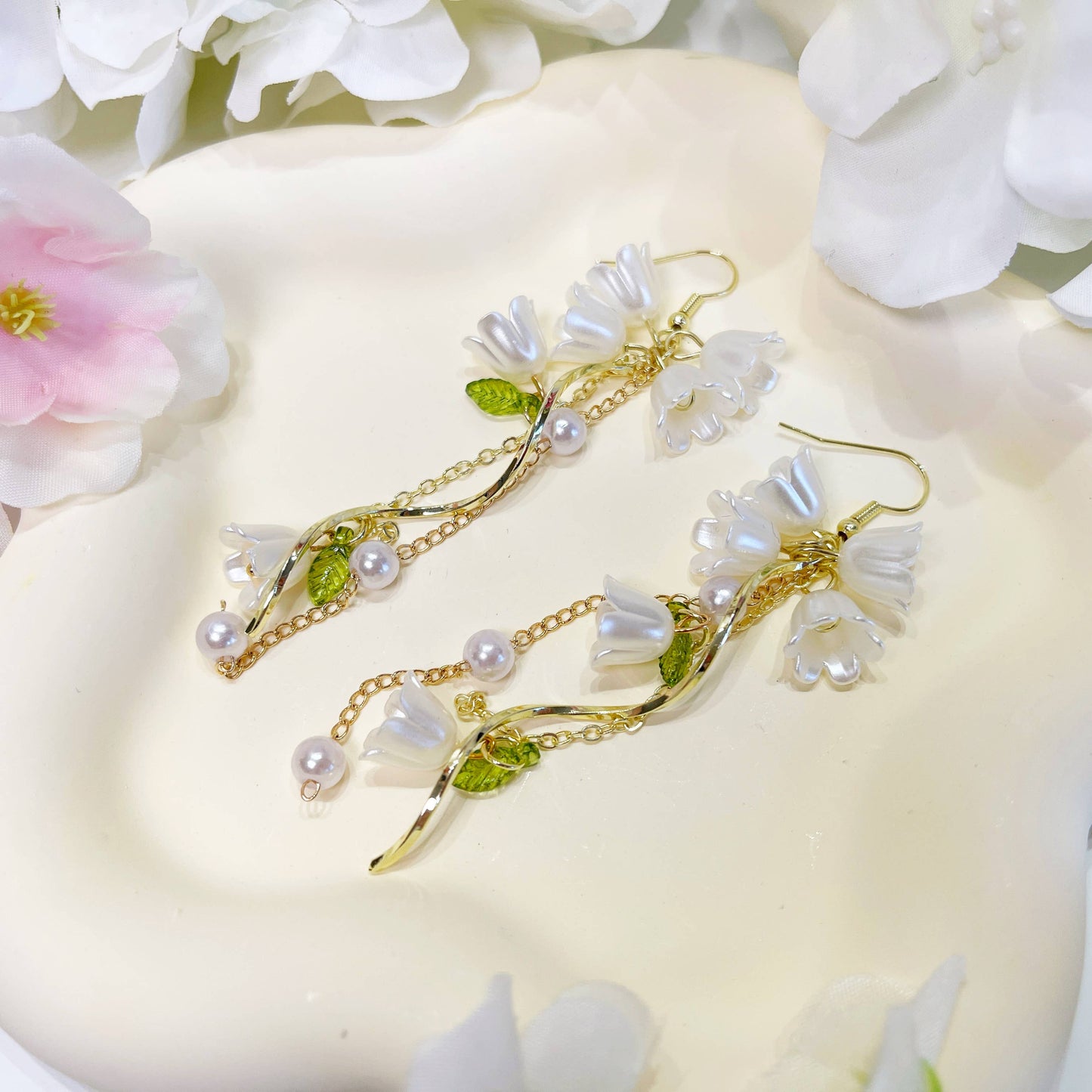Lily Flower Earrings - Pearl, 925 Silver Post, 18k Gold Finish (Delicately Handmade)