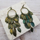 Green & Bronze Leaf Tassel Earrings - Nature Inspired
