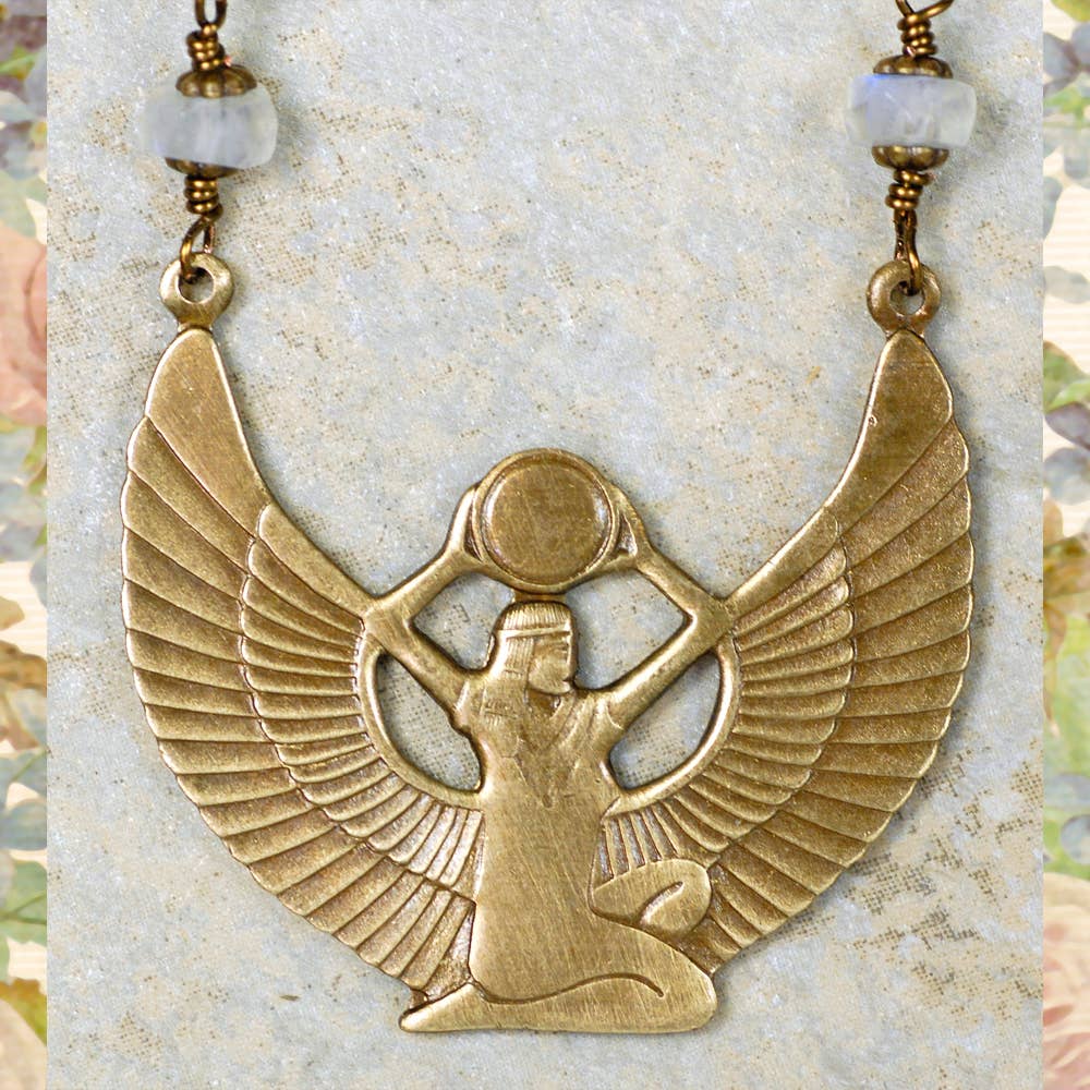 Egyptian Goddess Isis Necklace with Blue Azurite & Moonstone