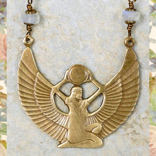 Egyptian Goddess Isis Necklace with Blue Azurite & Moonstone