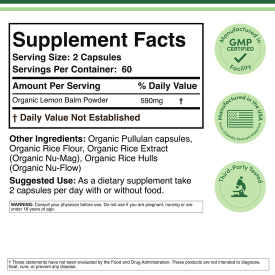 Lemon Balm Supplement (120 capsules) - Organic