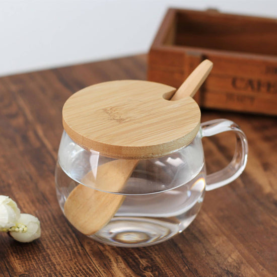 Glass Teacup with Bamboo Lid and Spoon