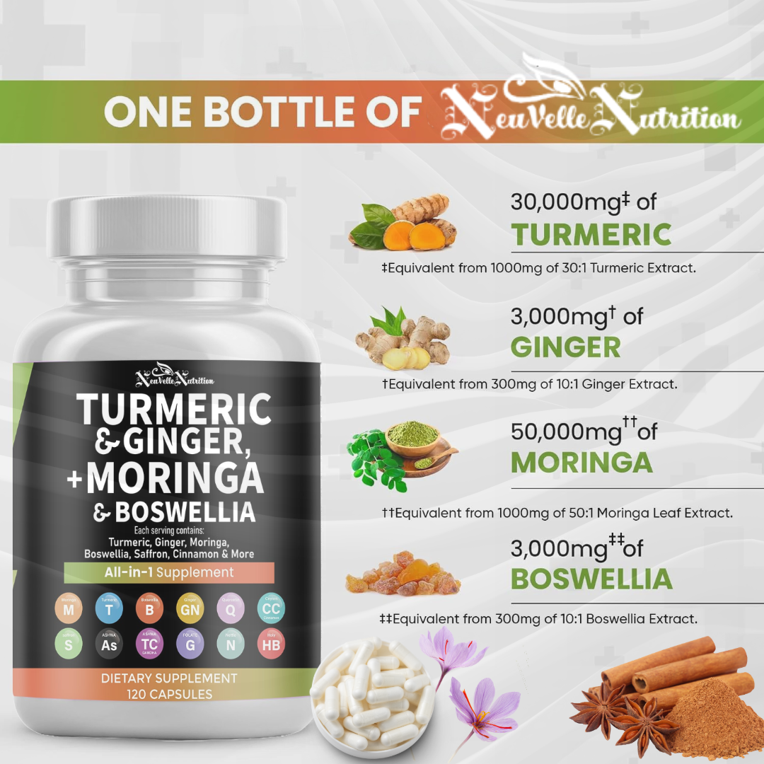 All-in-1 Anti-Inflammatory & Immune Support with Moringa, Turmeric, Boswellia, Ginger, Ashwagandha, Quercetin, Cinnamon, Tart Cherry, Garlic, Nettle, Holy Basil & Black Pepper – 120 Vegan Capsules