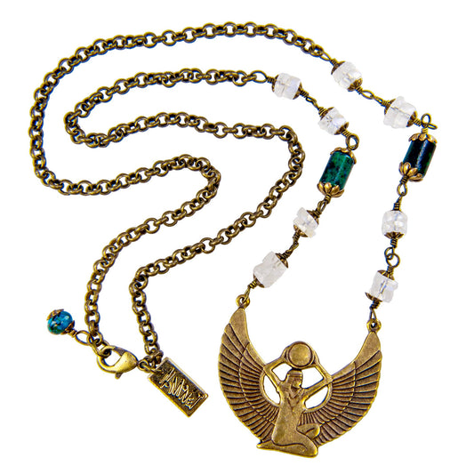 Egyptian Goddess Isis Necklace with Blue Azurite & Moonstone
