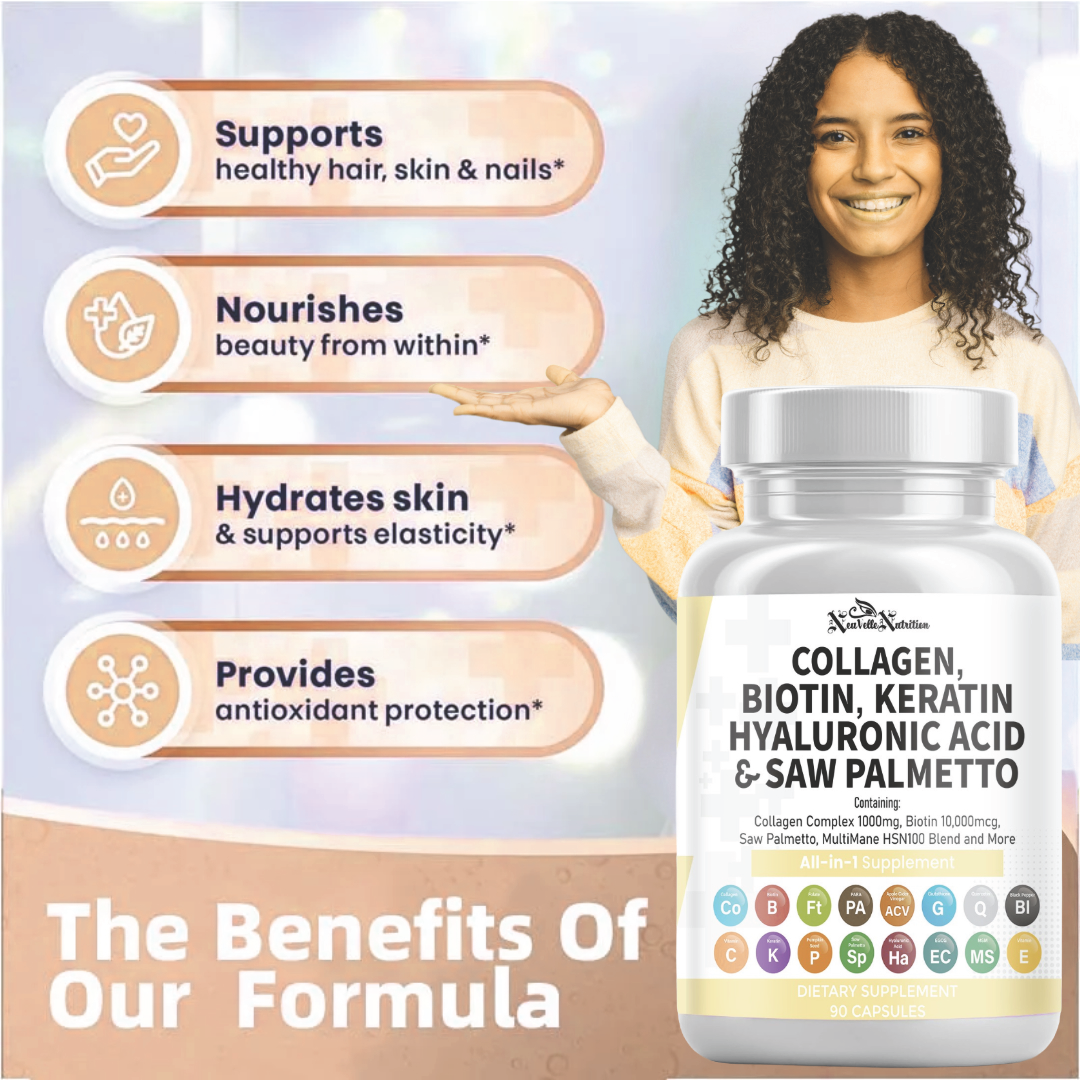 Collagen, Biotin, Keratin, Hyaluronic Acid, Saw Palmetto, Vitamin C, PABA, Pumpkin Seed, Quercetin, ACV, Folate, MSM, Vitamin E & Black Pepper – 90 Capsules