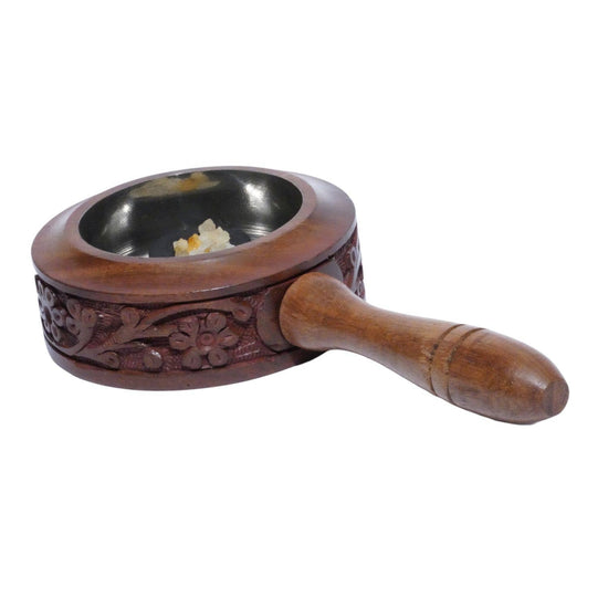 Carved Wood Resin Burner with Wooden Handle and Steel-lined Cup