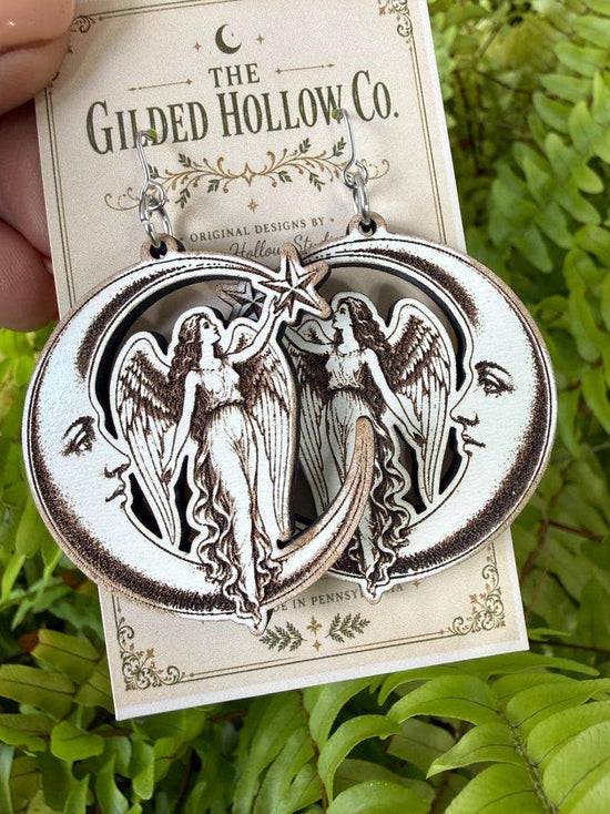 Wooden Angelic earrings with Crescent Moon