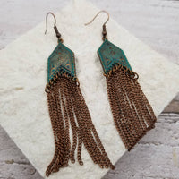 Bronze & Teal Tassel Earrings with Medieval Palace Design