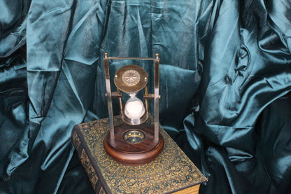 Rotating Sand Timer Hourglass with Functioning Compass Base - Brass & Wood