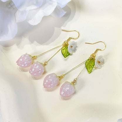 Pink Strawberry Earrings - 18K Gold Finish, S925 Silver Post (Handmade)