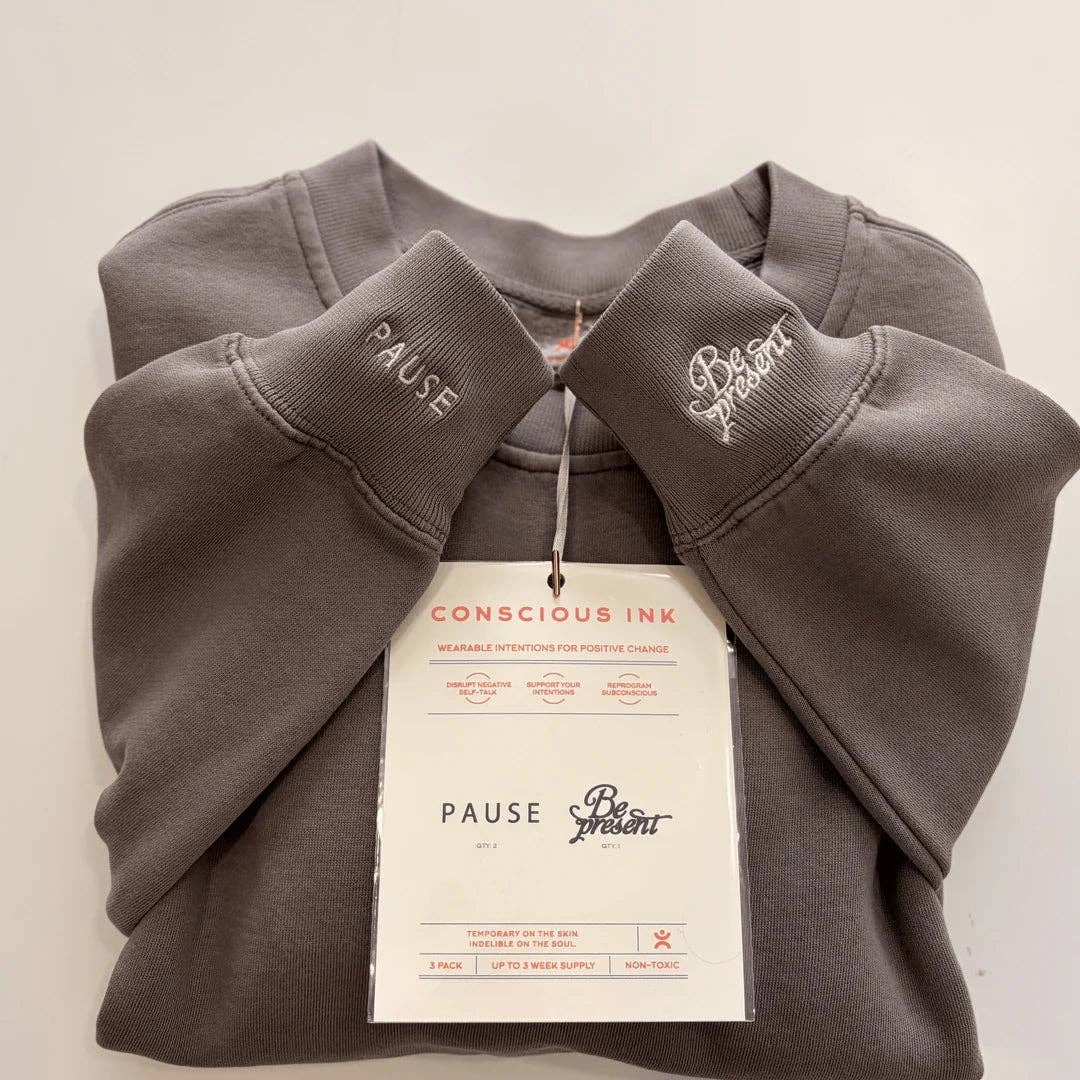 "Pause. Be Present" Sweatshirt with Matching Tattoo 3 Pack - Size Large, Dusk grey color