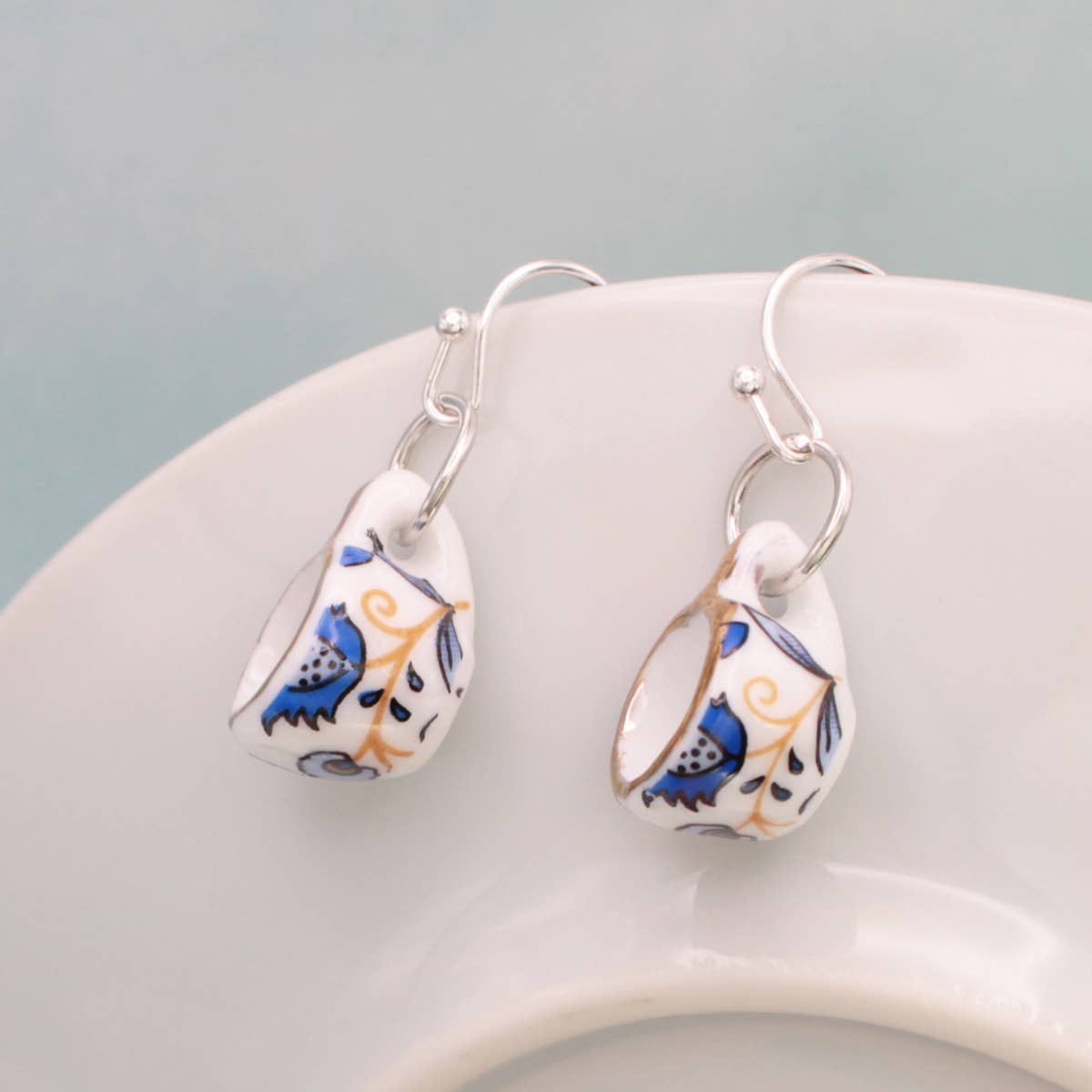 Genuine Ceramic Teacup Earrings (Blue & Gold)