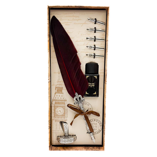 Calligraphy Set w/ feathered calligraphy pen, ink bottle & pen holder