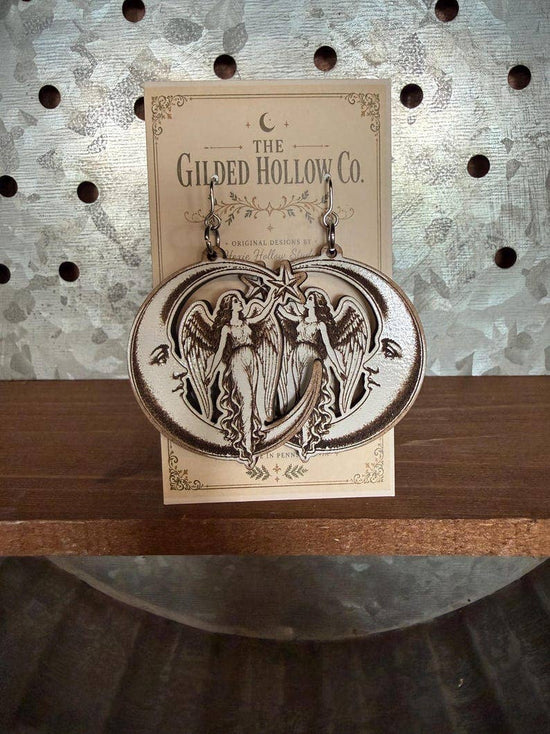 Wooden Angelic earrings with Crescent Moon