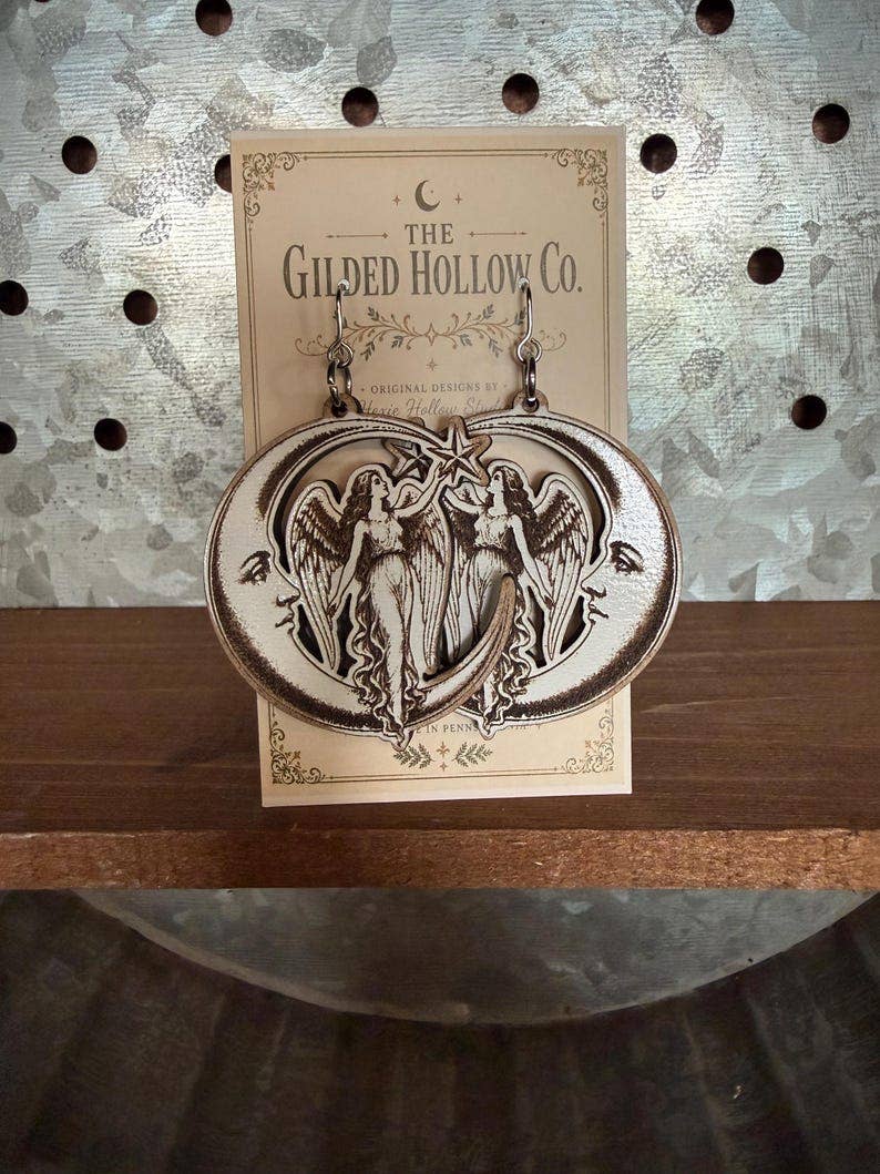 Wooden Angelic earrings with Crescent Moon
