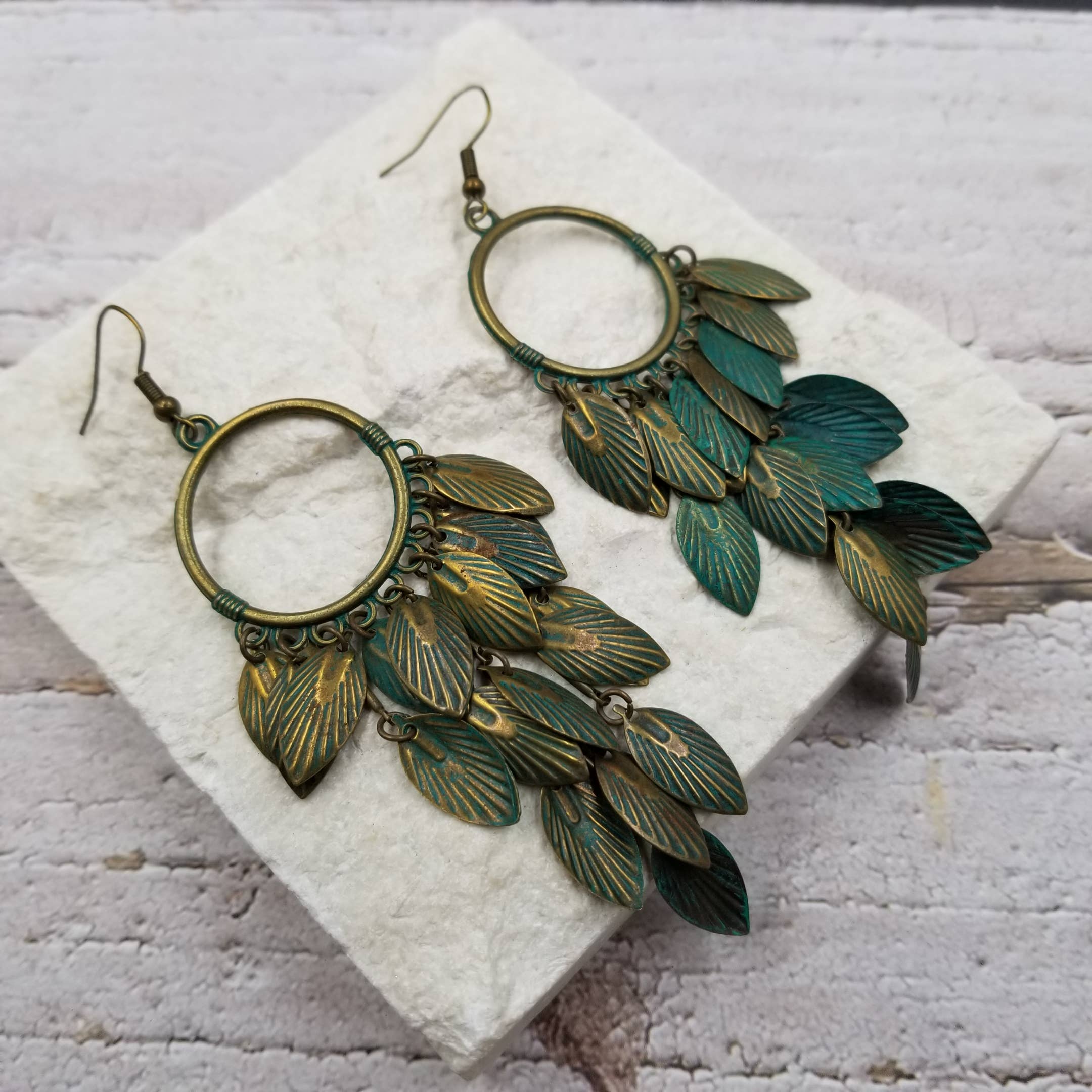 Green & Bronze Leaf Tassel Earrings - Nature Inspired