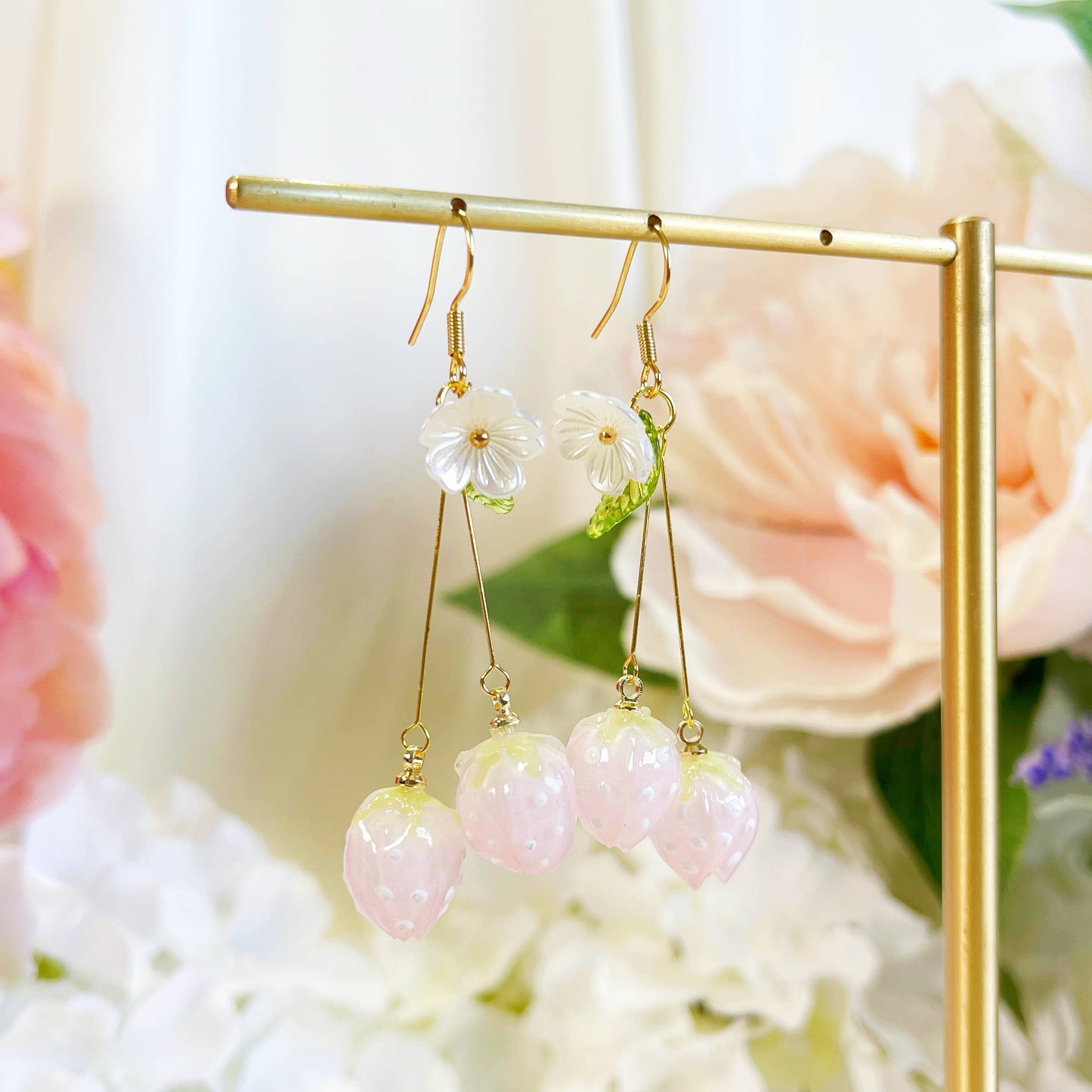 Pink Strawberry Earrings - 18K Gold Finish, S925 Silver Post (Handmade)