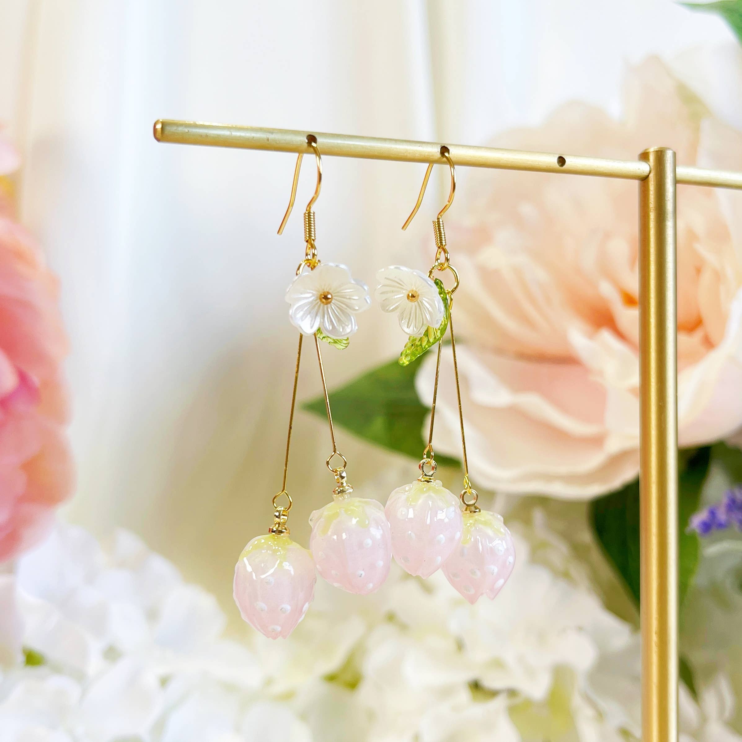 Pink Strawberry Earrings - 18K Gold Finish, S925 Silver Post (Handmade)