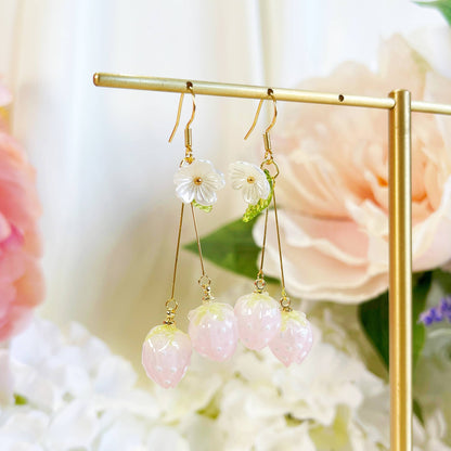 Pink Strawberry Earrings - 18K Gold Finish, S925 Silver Post (Handmade)