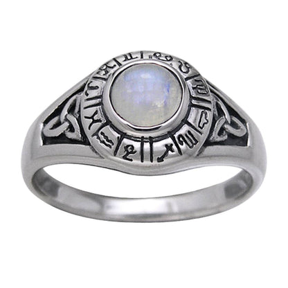 Zodiac Wheel with Moonstone Center & Celtic Knot Ring (Size 11)