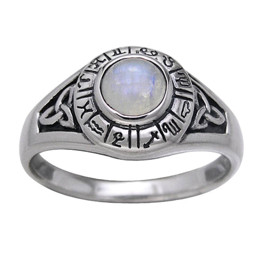Zodiac Wheel with Moonstone Center & Celtic Knot Ring (Size 11)