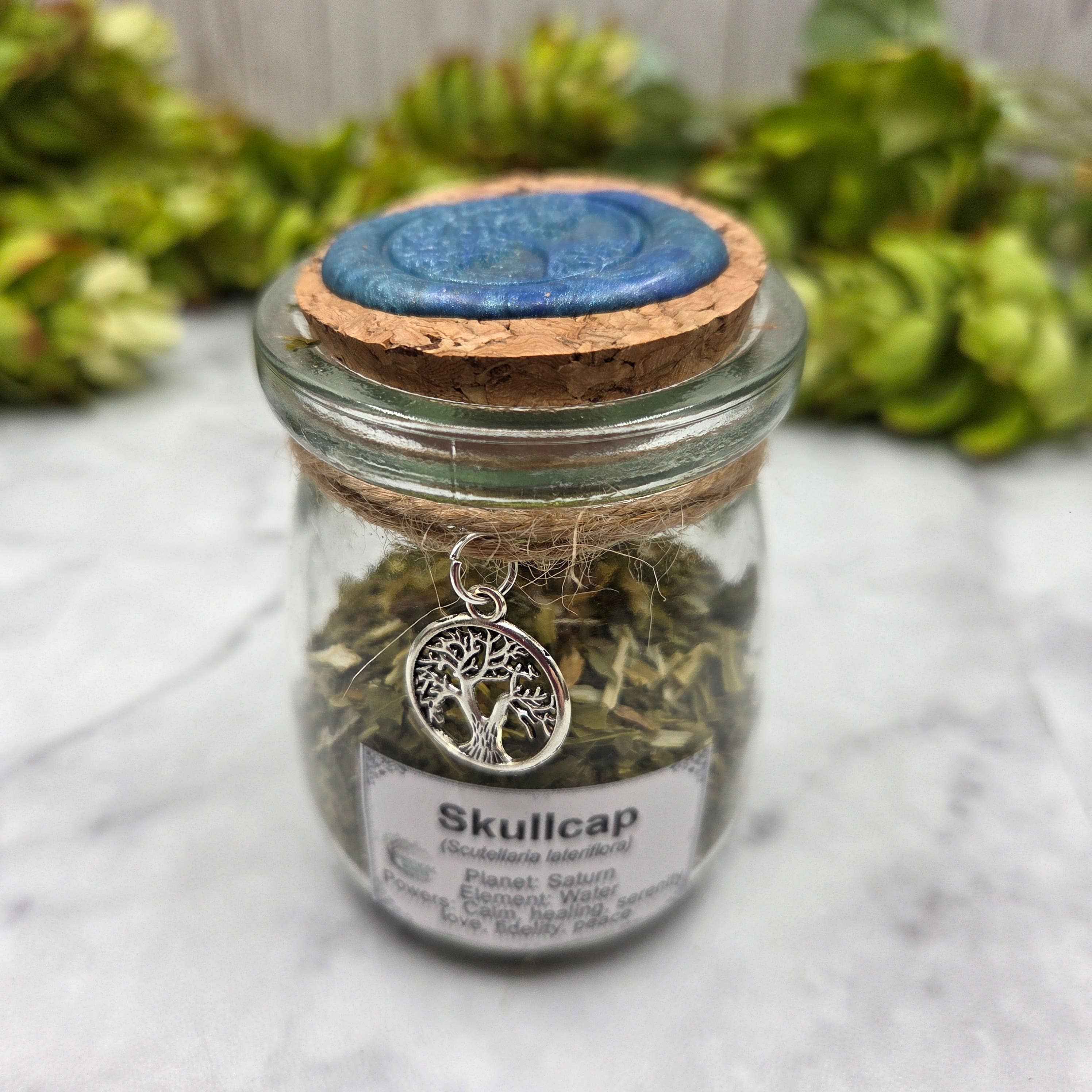 Dried Skullcap in Apothecary Herb Jar w/Tree of Life Charm