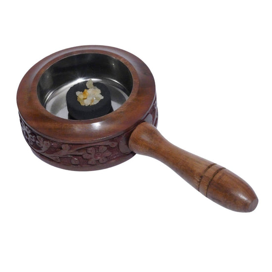 Carved Wood Resin Burner with Wooden Handle and Steel-lined Cup