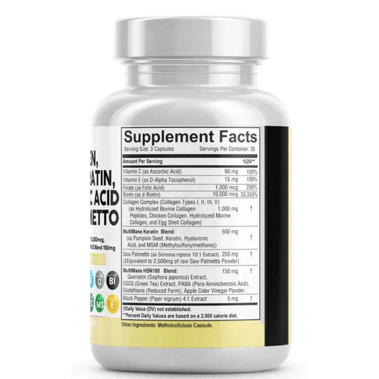 Collagen, Biotin, Keratin, Hyaluronic Acid, Saw Palmetto, Vitamin C, PABA, Pumpkin Seed, Quercetin, ACV, Folate, MSM, Vitamin E & Black Pepper – 90 Capsules