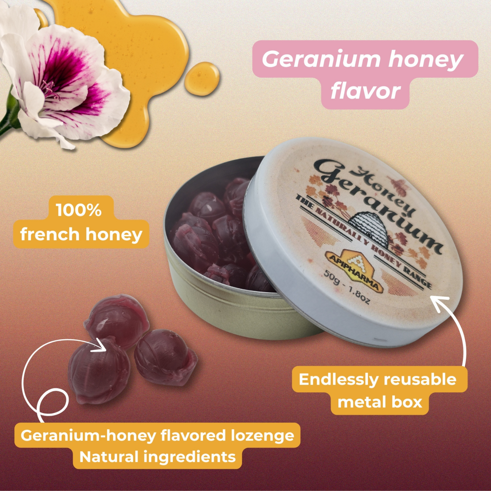Honey Geranium Natural Candy Drops (Tin Container)