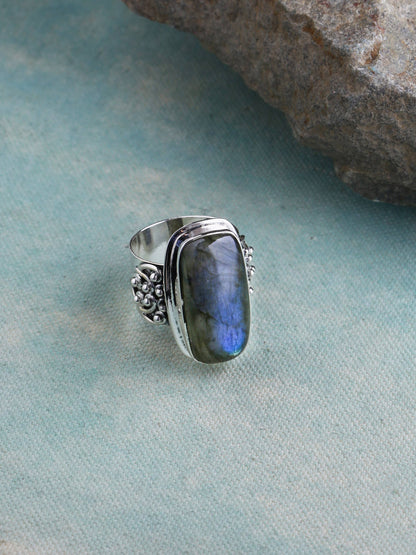 Big, Bold, Labradorite Ring with Sacred Number Eight (Size 8)