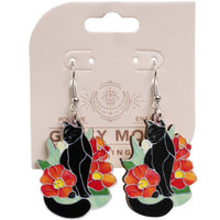 Black Cat Flower Wooden Earrings