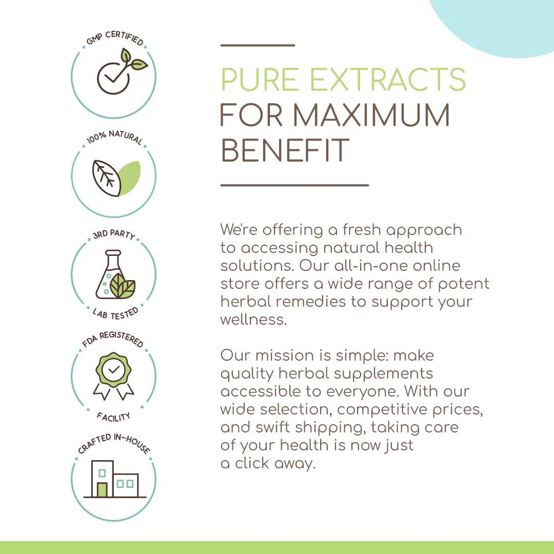 Promotional graphic for a natural health solutions store with icons and text about product certification and mission.