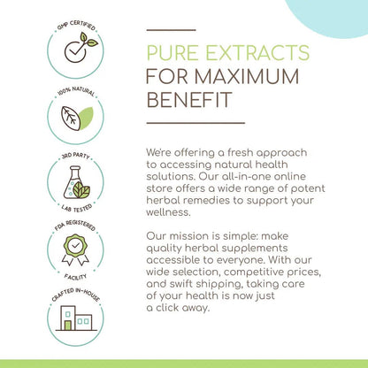 Promotional graphic for a natural health solutions store with icons and text about product certification and mission.