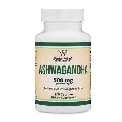 Supplement bottle labeled 'Ashwagandha' with Double Wood Supplements branding on a white background